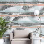 Tapet personalizat cu frunze de palmier cu dungi texturate in nuante albastre si rozalii miami breeze