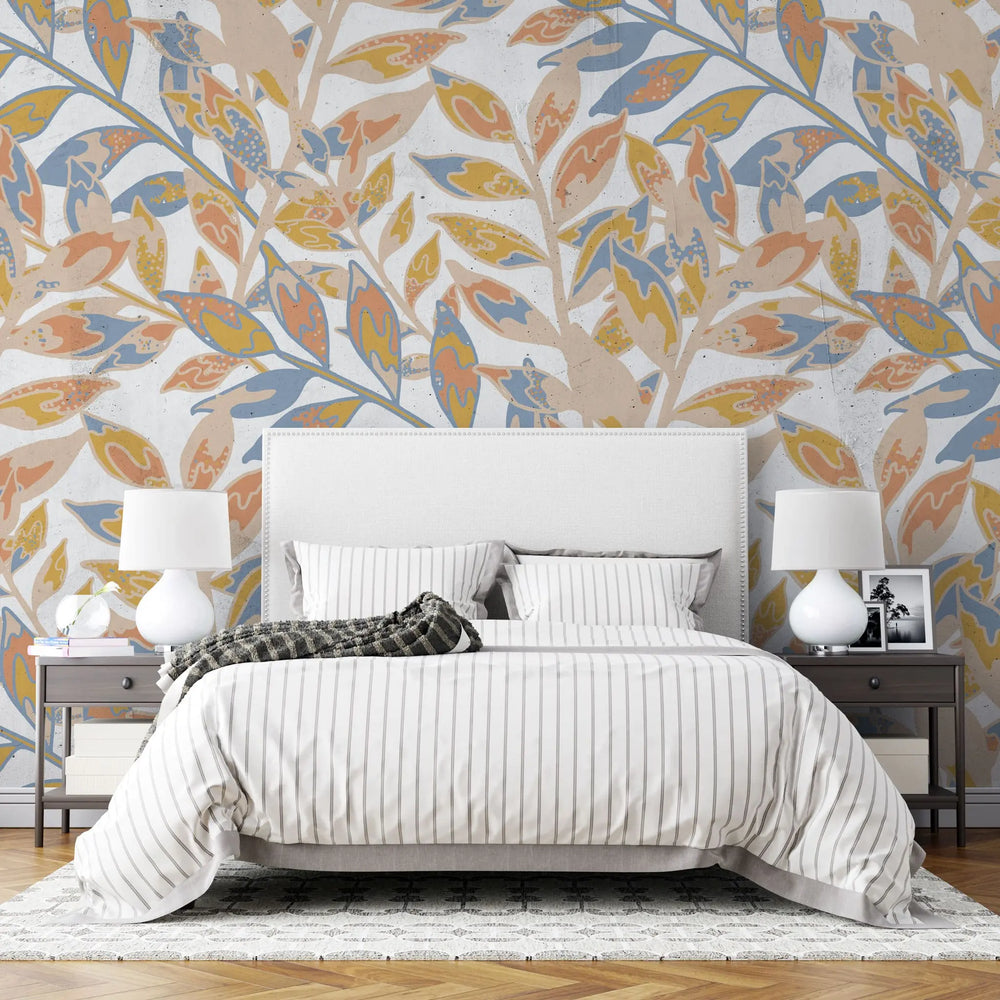 Tapet personalizat cu frunze multicolore pe fundal alb sunny leaves