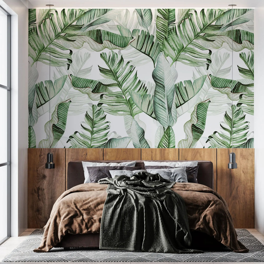 Tapet personalizat cu frunze tropicale de palmier si bananier in stil watercolor tropical watercolor