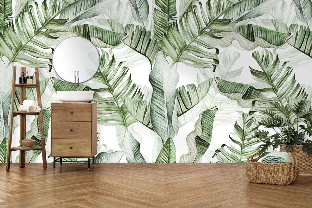 Tapet personalizat cu frunze tropicale de palmier si bananier in stil watercolor tropical watercolor