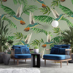Tapet personalizat cu frunze tropicale de palmier si pasari exotice jacamar pe un fundal verde wildlife jacamar