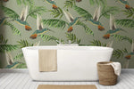 Tapet personalizat cu frunze tropicale de palmier si pasari exotice jacamar pe un fundal verde wildlife jacamar