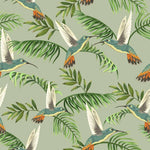 Tapet personalizat cu frunze tropicale de palmier si pasari exotice jacamar pe un fundal verde wildlife jacamar