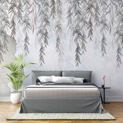 fototapet-personalizat-leaf-cu-salcie-in-tonuri-gri-pe-perete-de-beton-concrete-weeping-willow