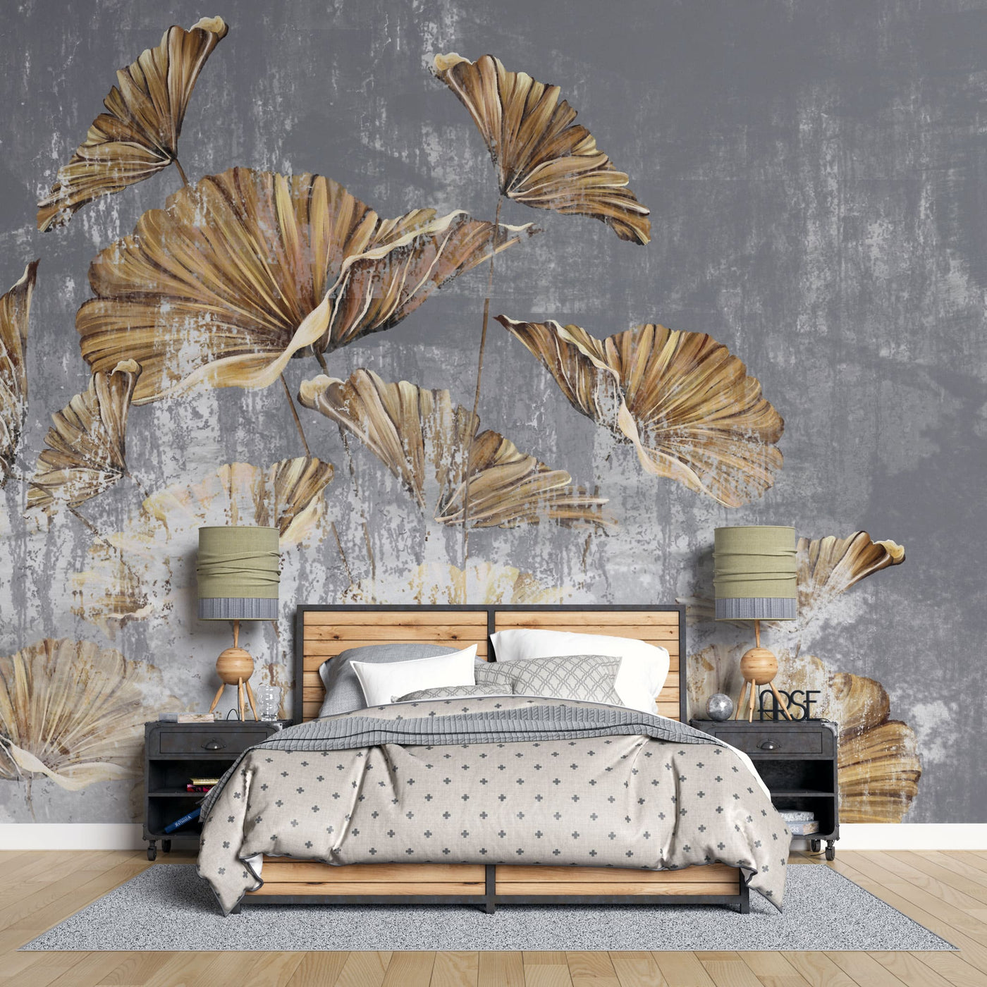 fototapet-personalizat-leaf-cu-frunze-aurii-pe-un-perete-texturat-gri-golden-leaves