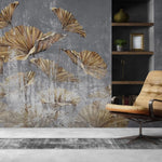 Tapet personalizat leaf cu frunze aurii pe un perete texturat gri golden leaves