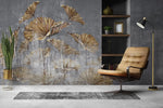 Tapet personalizat leaf cu frunze aurii pe un perete texturat gri golden leaves