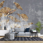 Tapet personalizat leaf cu frunze aurii pe un perete texturat gri golden leaves