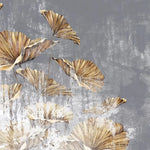 Tapet personalizat leaf cu frunze aurii pe un perete texturat gri golden leaves