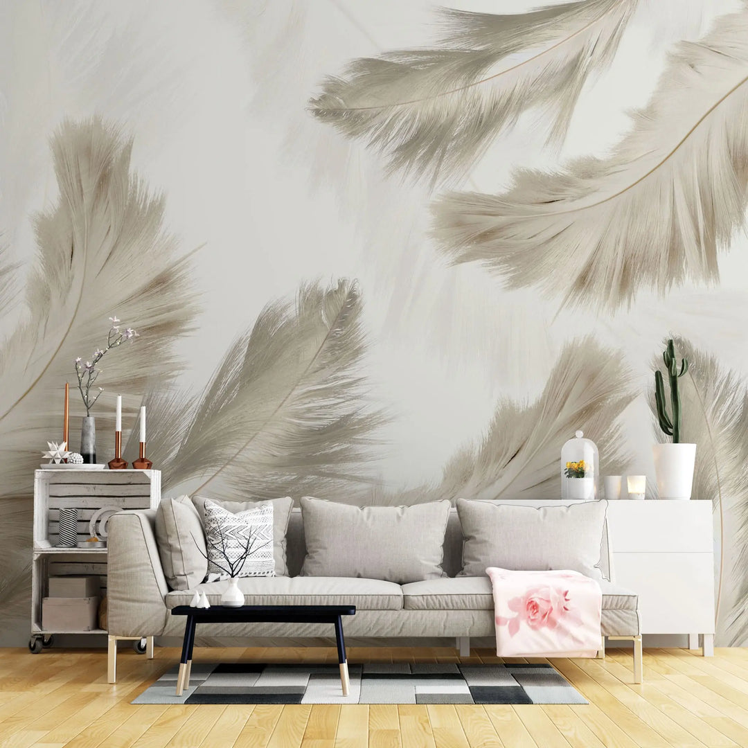 Tapet personalizat leaf cu pene stufoase bej beige feathers