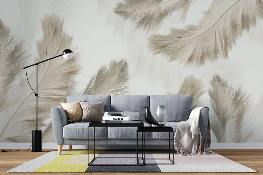 Tapet personalizat leaf cu pene stufoase bej beige feathers