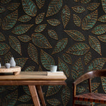 Tapet personalizat leaf cu frunze verde smarald texturate si conturate in relierf cu auriu textured emerald leaves