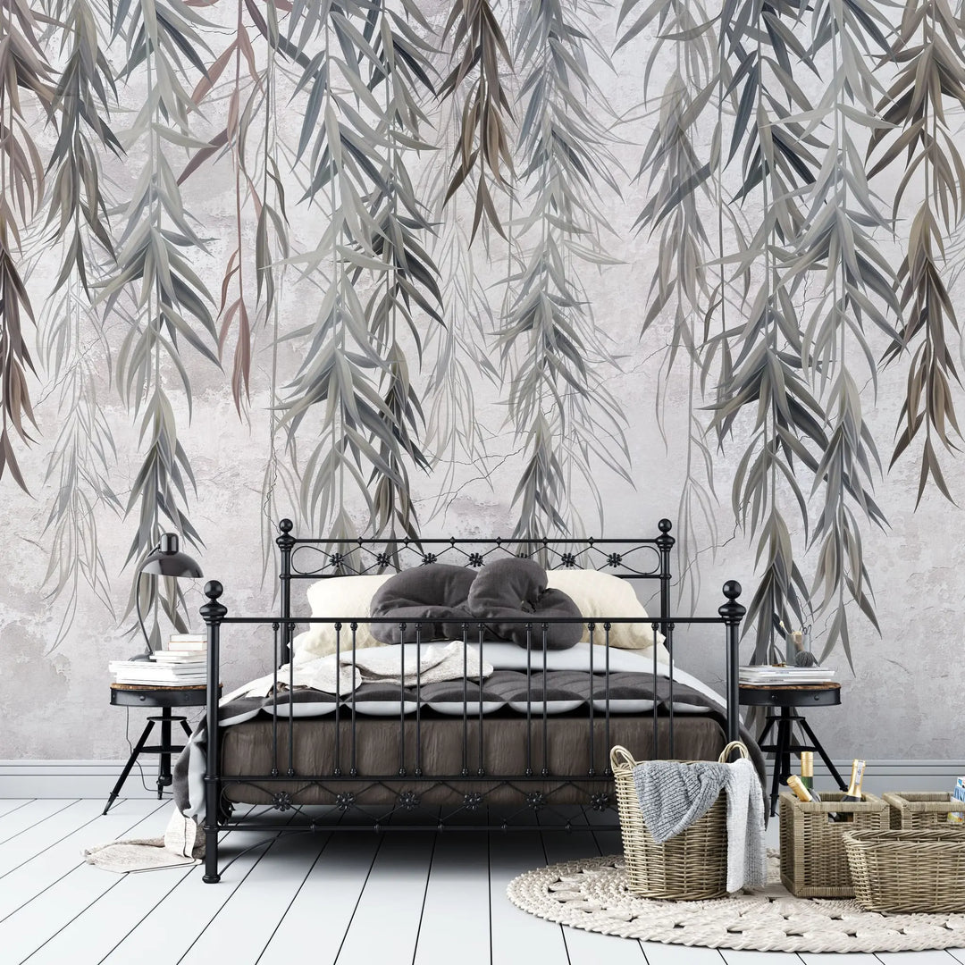 Tapet personalizat leaf cu ramuri de salcie gri pe un fundal texturat grey weeping willow