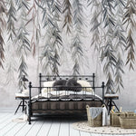 Tapet personalizat leaf cu ramuri de salcie gri pe un fundal texturat grey weeping willow
