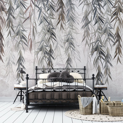 fototapet-personalizat-leaf-cu-ramuri-de-salcie-gri-pe-un-fundal-texturat-grey-weeping-willow