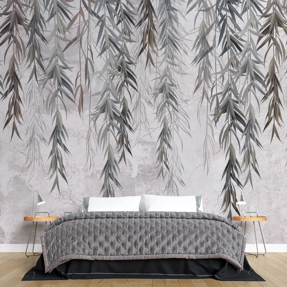Tapet personalizat leaf cu ramuri de salcie gri pe un fundal texturat grey weeping willow