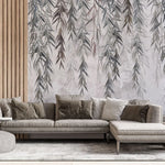 Tapet personalizat leaf cu ramuri de salcie gri pe un fundal texturat grey weeping willow