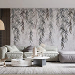 Tapet personalizat leaf cu ramuri de salcie gri pe un fundal texturat grey weeping willow