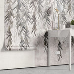 Tapet personalizat leaf cu ramuri de salcie gri pe un fundal texturat grey weeping willow