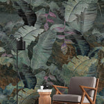 Tapet personalizat leaf cu frunze tropicale in tonuri inchise tropical dark leaves