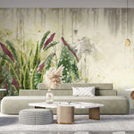 Tapet personalizat leaf cu frunze de begonie si alocasia pe un perete degradat begonia wall 