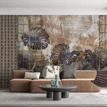 Tapet personalizat leaf cu frunze de monstera albastre vazute printr un cadru metalic pe un fundal caramiziu grunge monstera
