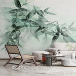 Tapet personalizat leaf cu frunze de bambus in nuante de verde menta pe fundal alb mint bamboo