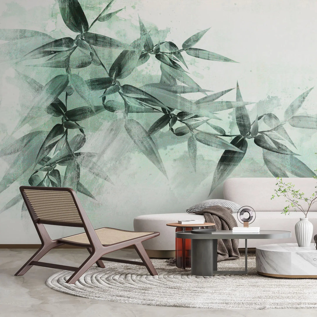 Tapet personalizat leaf cu frunze de bambus in nuante de verde menta pe fundal alb mint bamboo