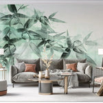 Tapet personalizat leaf cu frunze de bambus in nuante de verde menta pe fundal alb mint bamboo