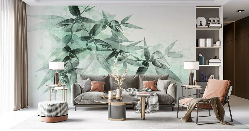 Tapet personalizat leaf cu frunze de bambus in nuante de verde menta pe fundal alb mint bamboo