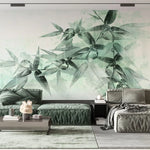 Tapet personalizat leaf cu frunze de bambus in nuante de verde menta pe fundal alb mint bamboo