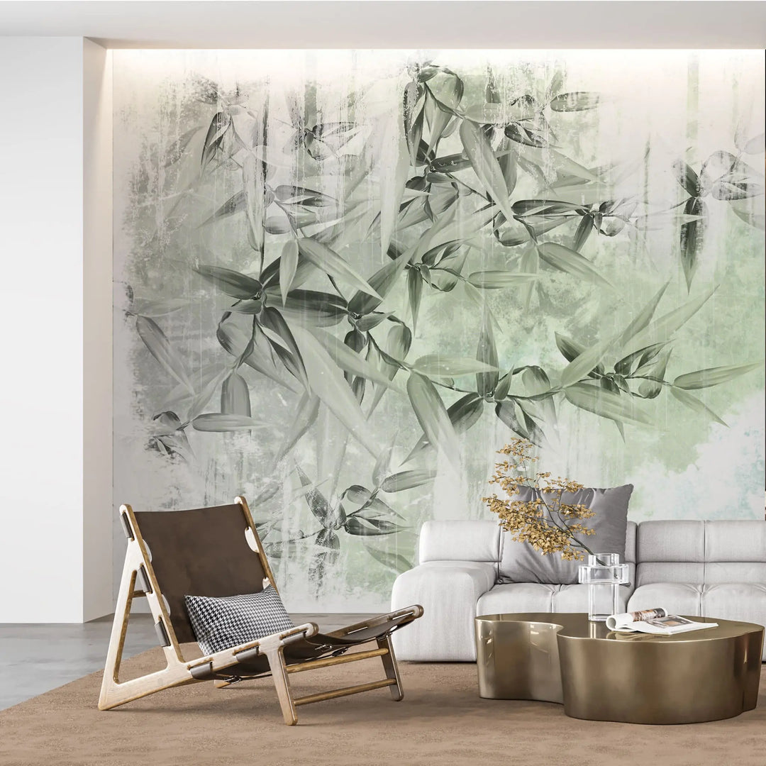 Tapet personalizat leaf cu frunze de bambus in nuante de verde deschis pe fundal alb green bamboo