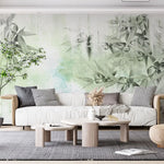 Tapet personalizat leaf cu frunze de bambus in nuante de verde deschis pe fundal alb green bamboo