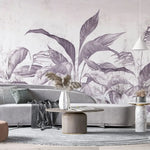 Tapet personalizat leaf cu frunze tropicale in nuante mov lila pe un fundal deschis purpple leaves