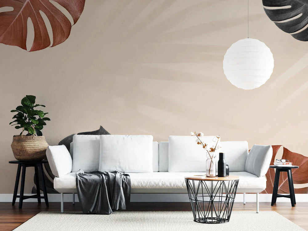 Tapet personalizat leaf cu funze de monstera rosii si negre umbre in stil boho boho monstera leaves