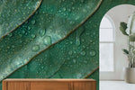 Tapet personalizat leaf cu picaturi de apa pe frunze verzi in detaliu water droplets