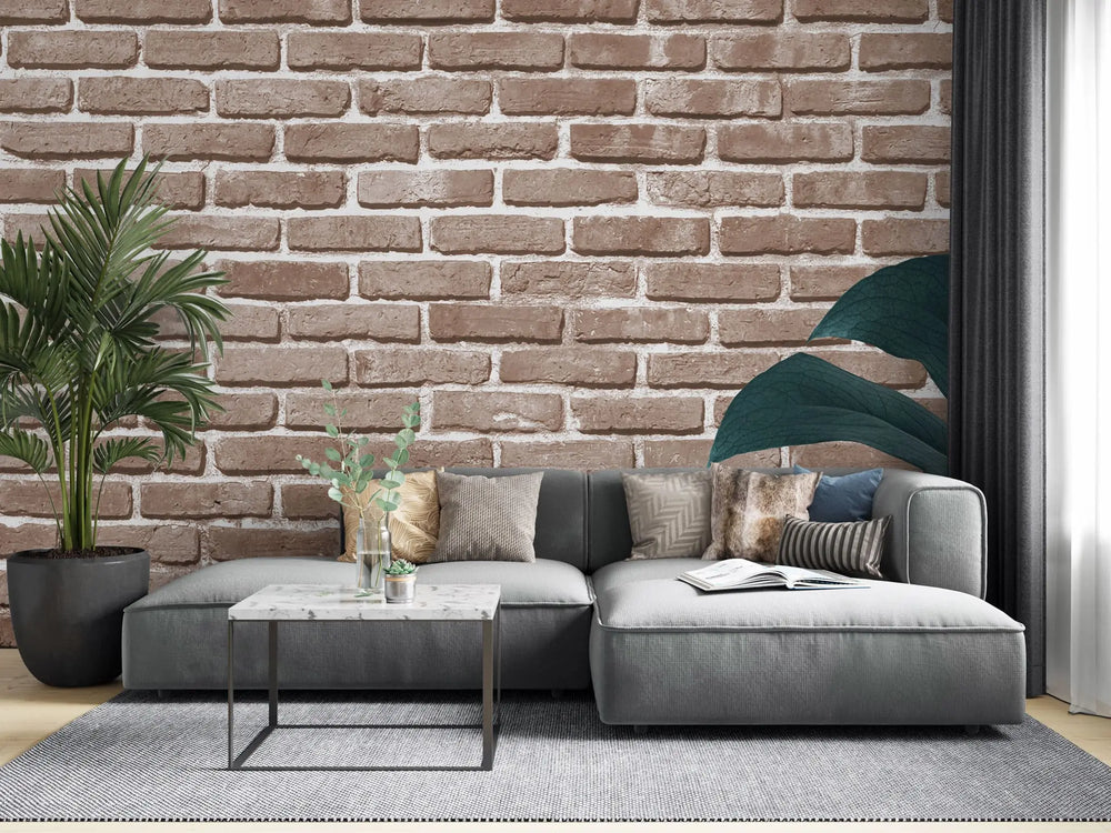 Tapet personalizat leaf cu frunze de monstera pe perete de caramida rosie tropical bricks