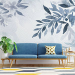 Tapet personalizat leaf cu frunze albastre pictate in stil watercolor pe un fundal alb texturat navy leaves