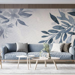 Tapet personalizat leaf cu frunze albastre pictate in stil watercolor pe un fundal alb texturat navy leaves