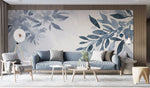Tapet personalizat leaf cu frunze albastre pictate in stil watercolor pe un fundal alb texturat navy leaves