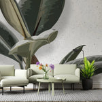 Tapet personalizat leaf cu frunze de ficus elastica in stil digital artwork pe fundal granulat alb ficus elastica
