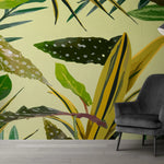Tapet personalizat leaf cu frunze de begonie alocasia snake plant si zz plant in tonuri de galben verzui yellow tinted
