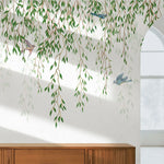 Tapet personalizat leaf cu ramuri de salcie si pasari colorate hummingbird