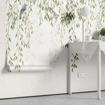 Tapet personalizat leaf cu ramuri de salcie si pasari colorate hummingbird