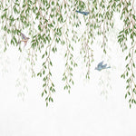 Tapet personalizat leaf cu ramuri de salcie si pasari colorate hummingbird