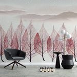 Tapet personalizat leaf cu munti si copaci pictati in forma de frunze rosiatice trees artwork