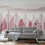 Tapet personalizat leaf cu munti si copaci pictati in forma de frunze rosiatice trees artwork