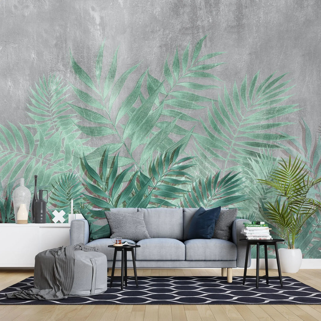 Tapet personalizat leaf cu frunze verzi aquamarin pe un fundal de beton gri aquamarine