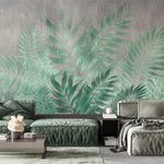 Tapet personalizat leaf cu frunze verzi aquamarin pe un fundal de beton gri aquamarine