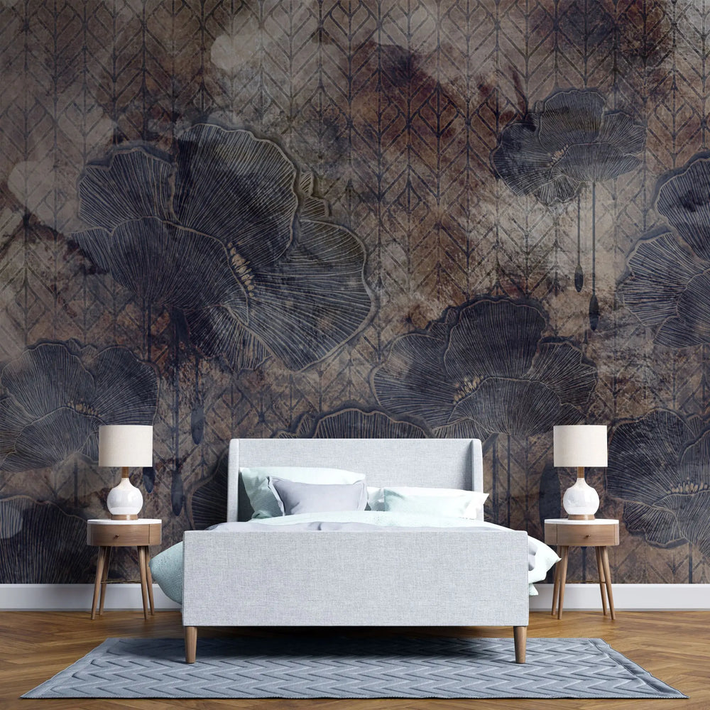 Tapet personalizat leaf cu frunze intr un cadru intunecat amber structure